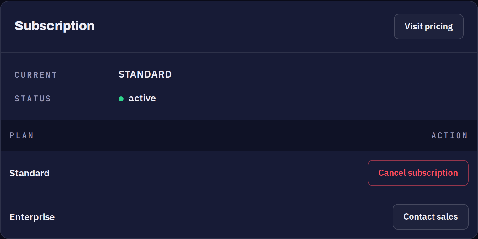 The subscription card on an application's settings page